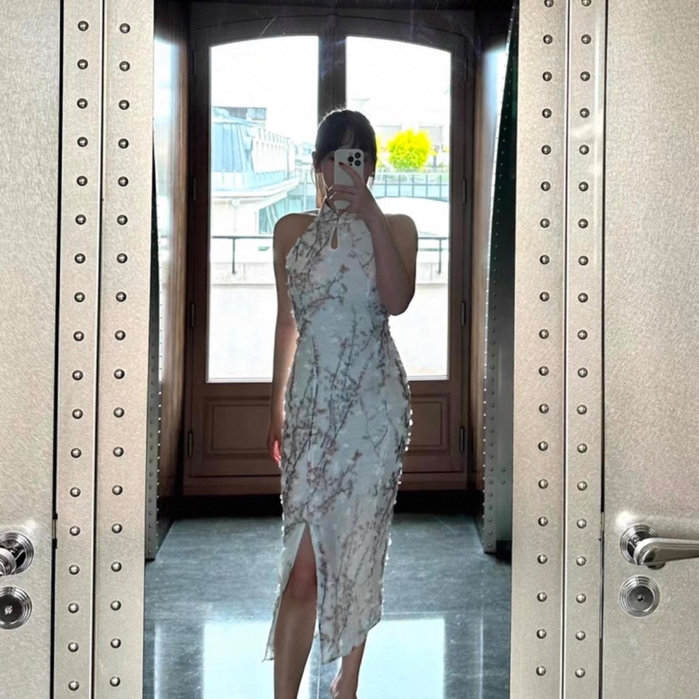 White plum blossom silky summer dress / traditional Chinese Qipao